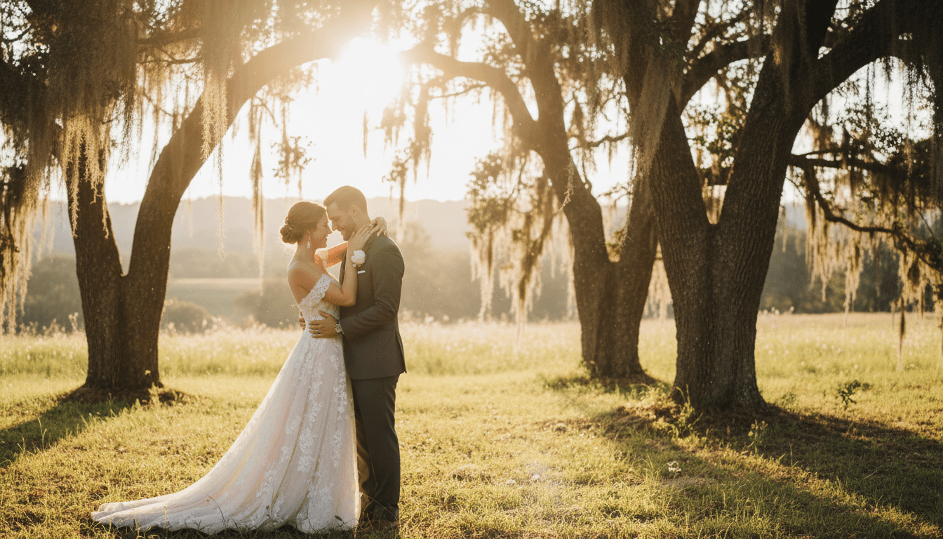 Couple in wedding attire sharing a quiet, unposed moment in soft golden light