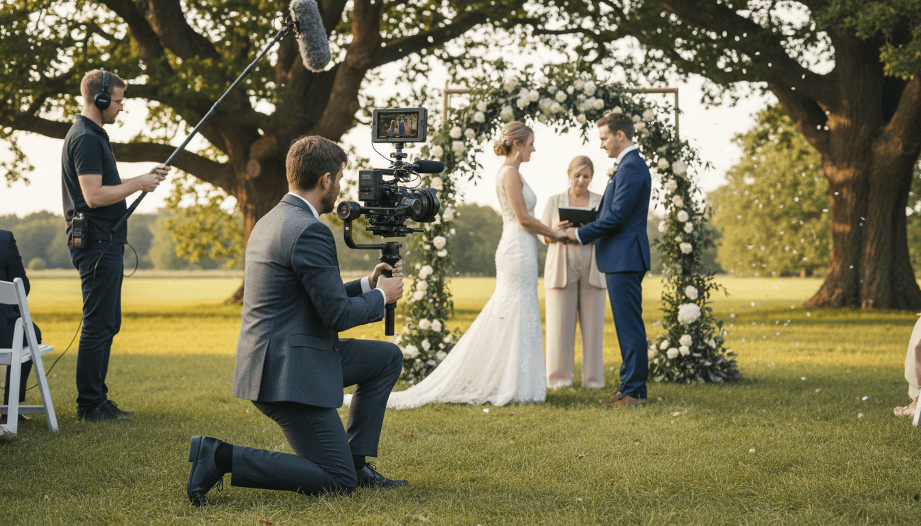 Videographer filming a couple during their wedding ceremony
