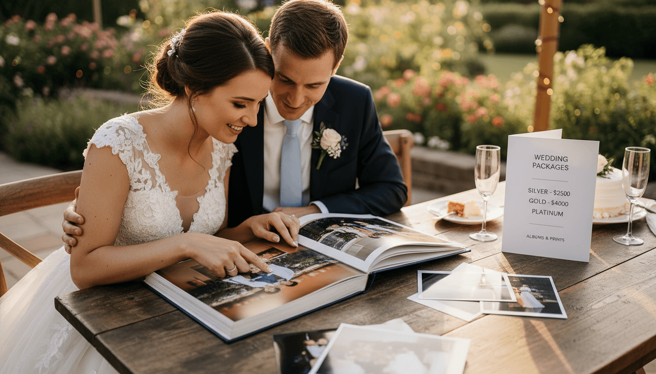 Wedding couple reviewing photo collection options