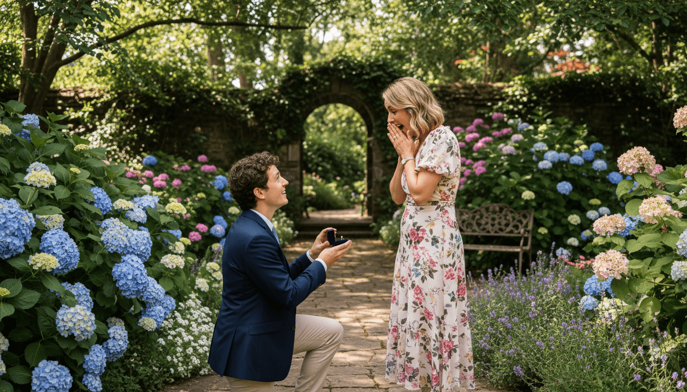 Candid garden proposal with subtle emotional reaction