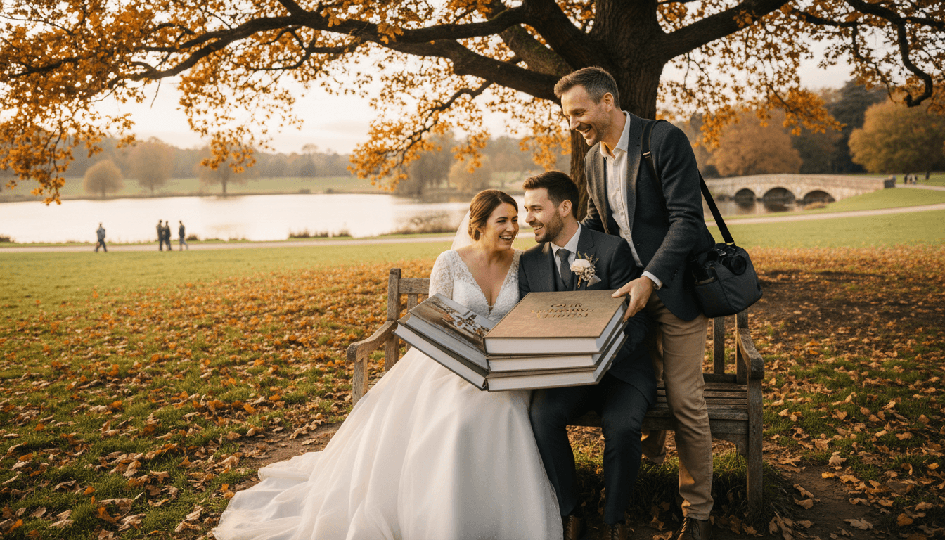 Photographer handing wedding photos to couple