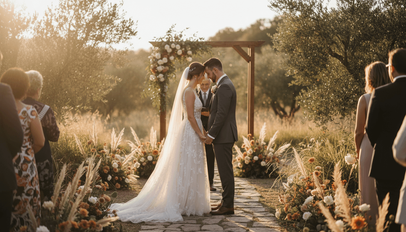 Bride and groom sharing private quiet moment during outdoor wedding ceremony