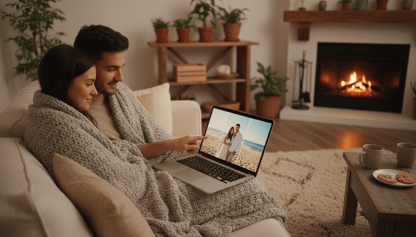 Couple looking at wedding photos together on a laptop at home
