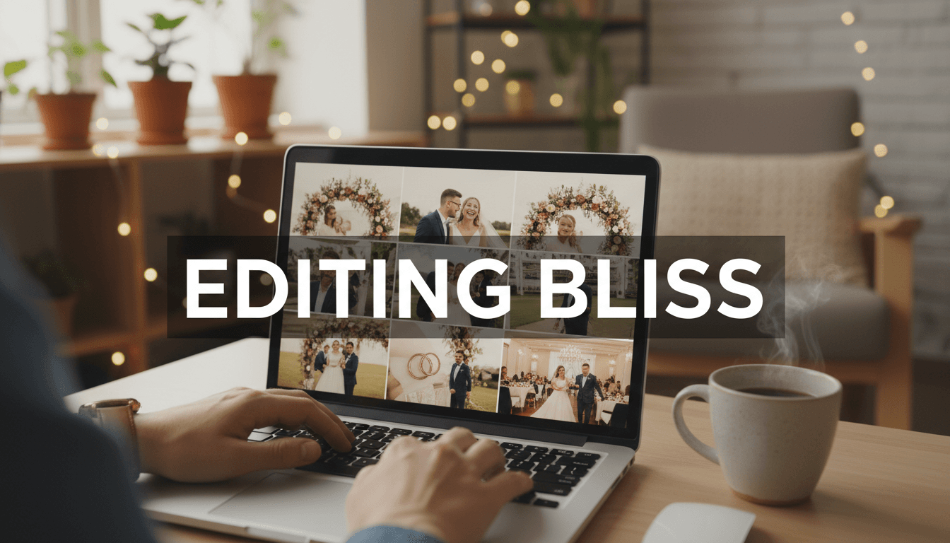 Photographer editing wedding photos on laptop