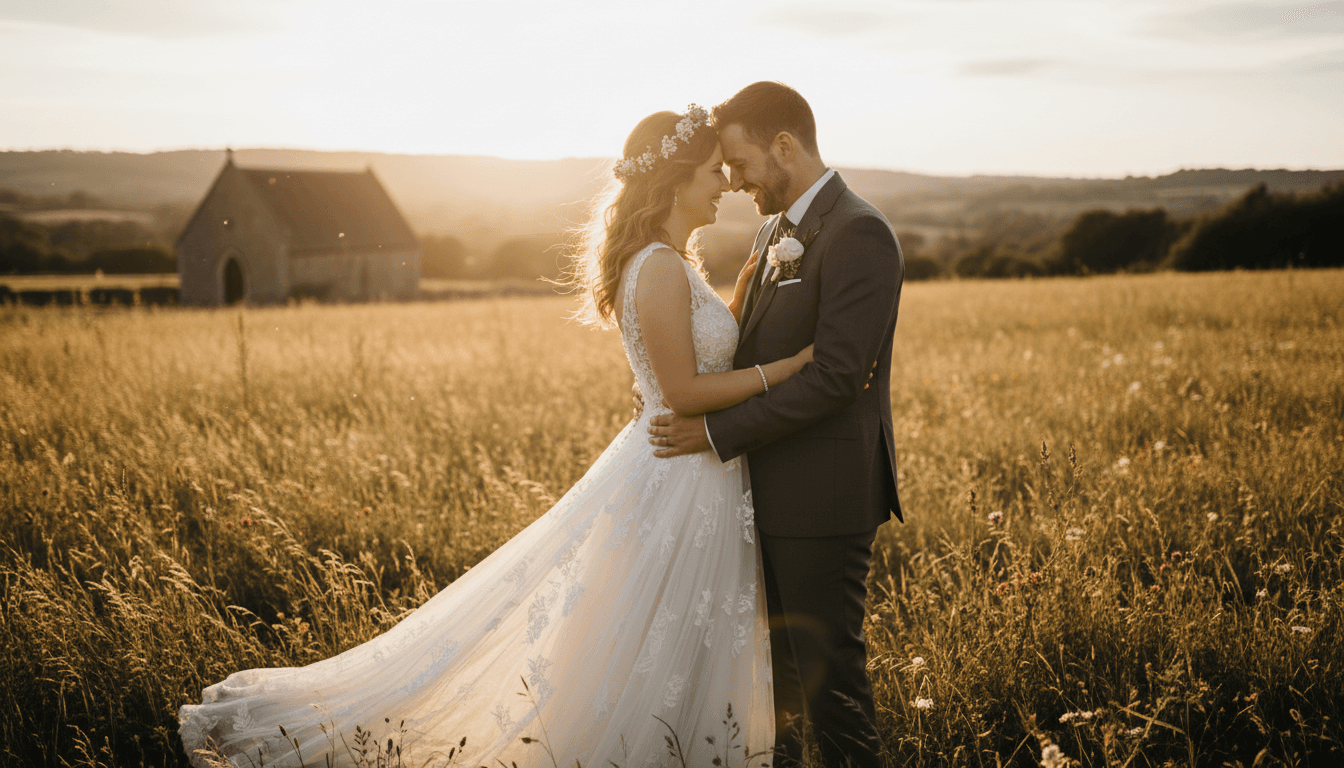 Bride and groom sharing a candid moment during golden hour