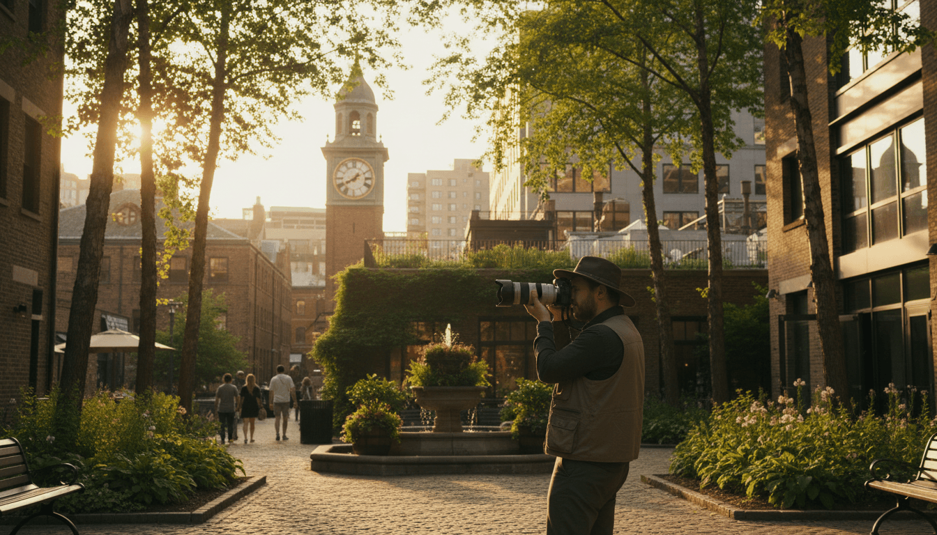 Photographer composing shot in city park with soft afternoon light