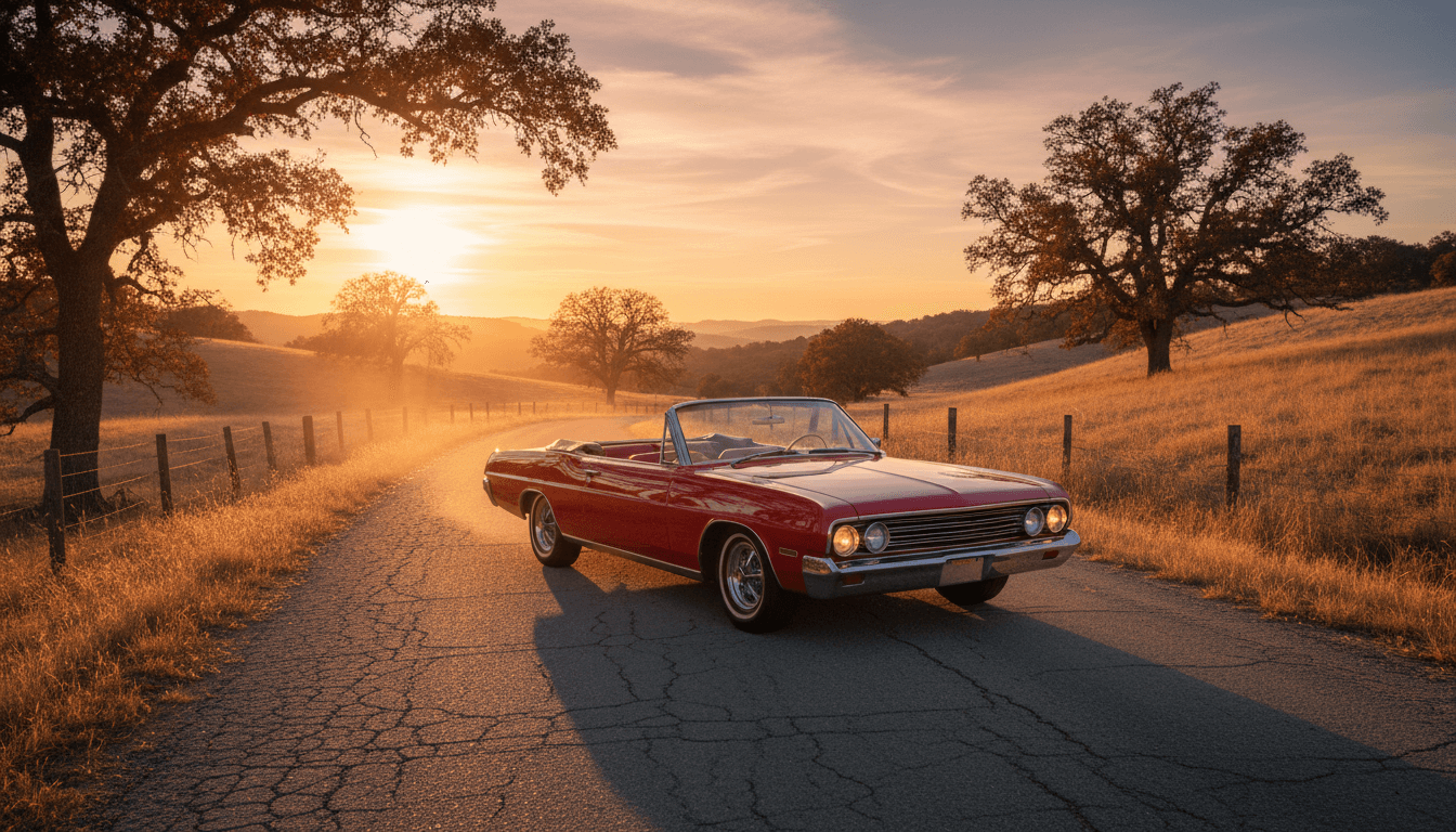 Classic car parked on rural road during golden hour