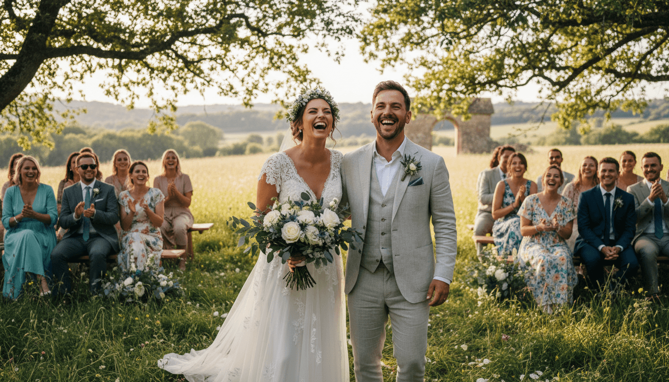 Couple laughing together in candid moment during wedding ceremony