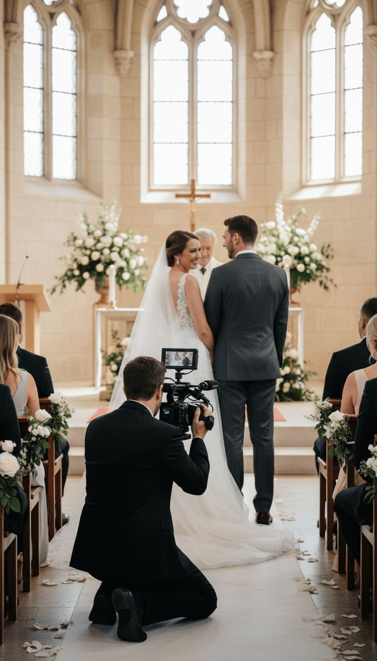 Videographer filming a bride and groom during their wedding ceremony