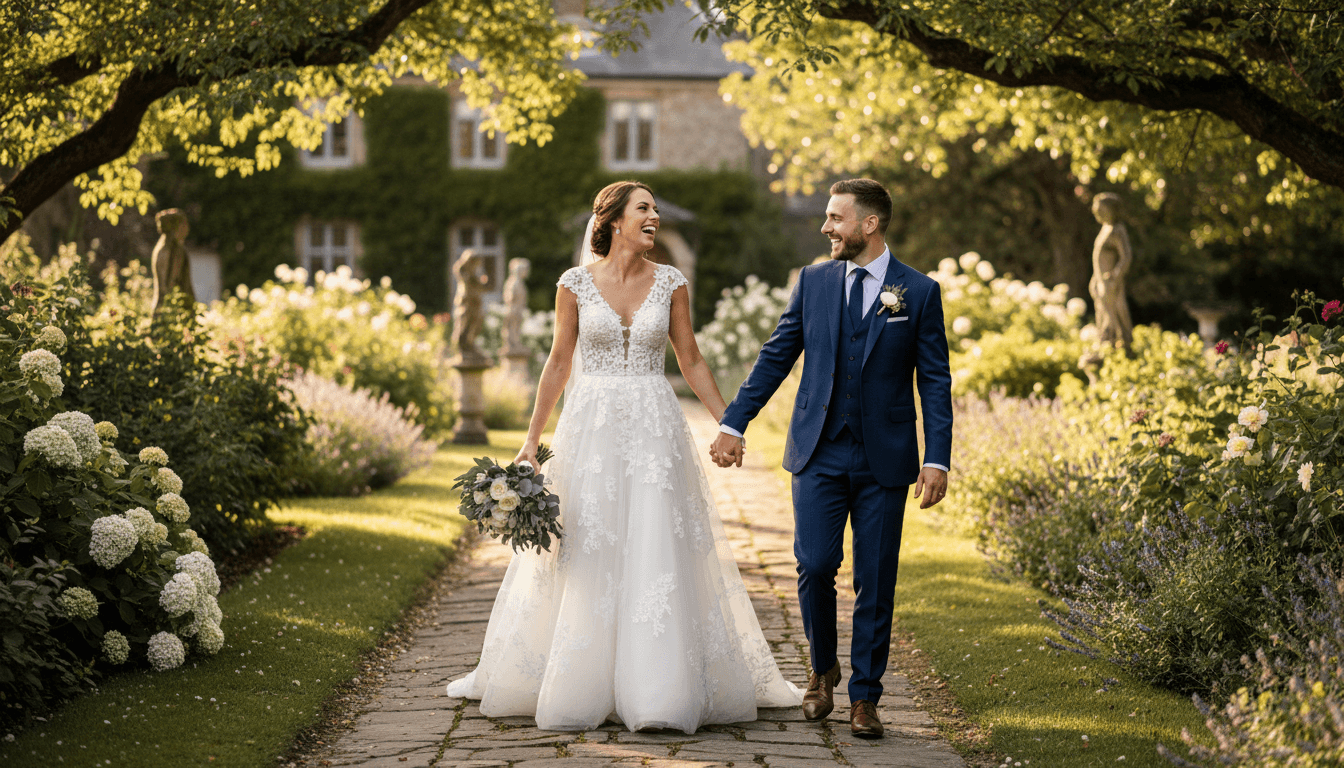 Couple holding hands during an outdoor wedding walk