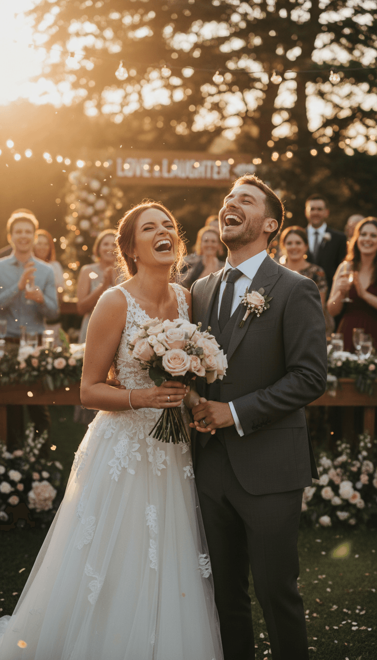 Bride and groom sharing a quiet laugh during their wedding reception