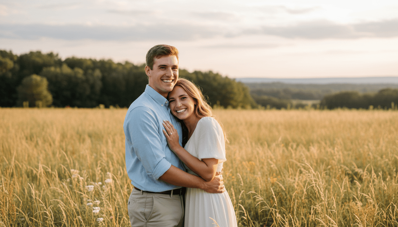 Engaged couple in candid embrace in field at sunset