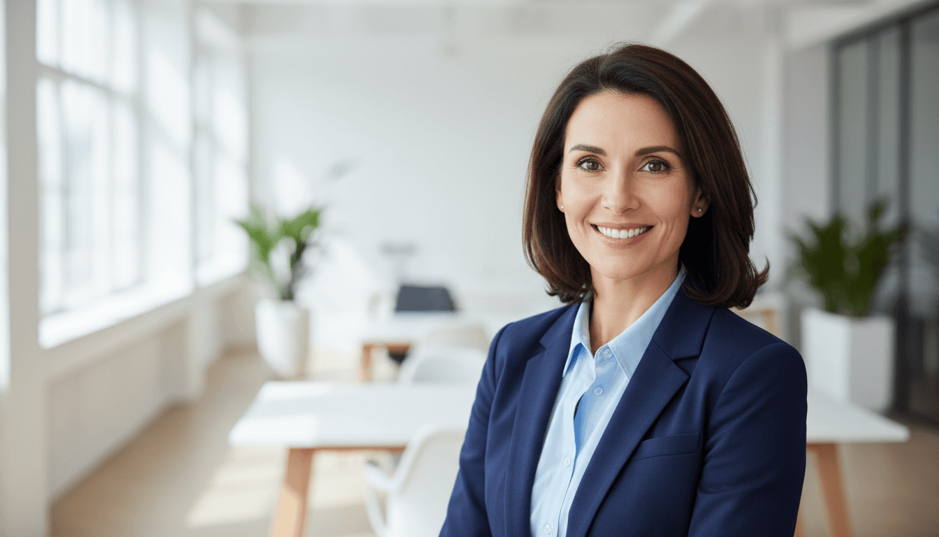 Professional woman smiling at desk in bright modern office