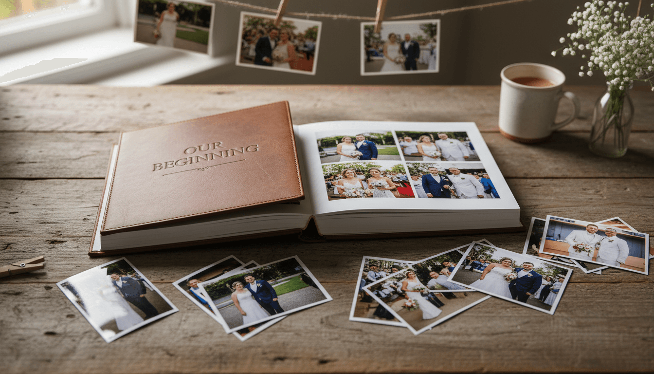 Wedding photo album and printed pictures displayed on a wooden table