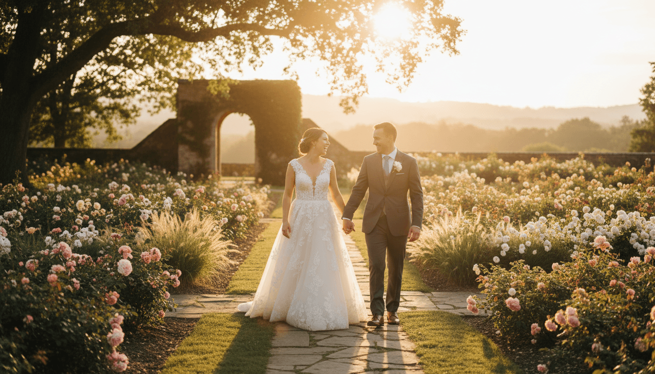 Couple walking hand in hand at their wedding, captured candidly in warm evening light