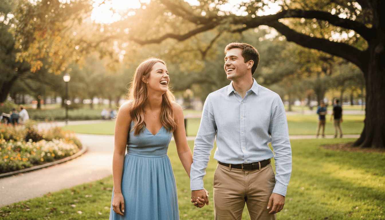 Couple laughing together during an engagement shoot in a park