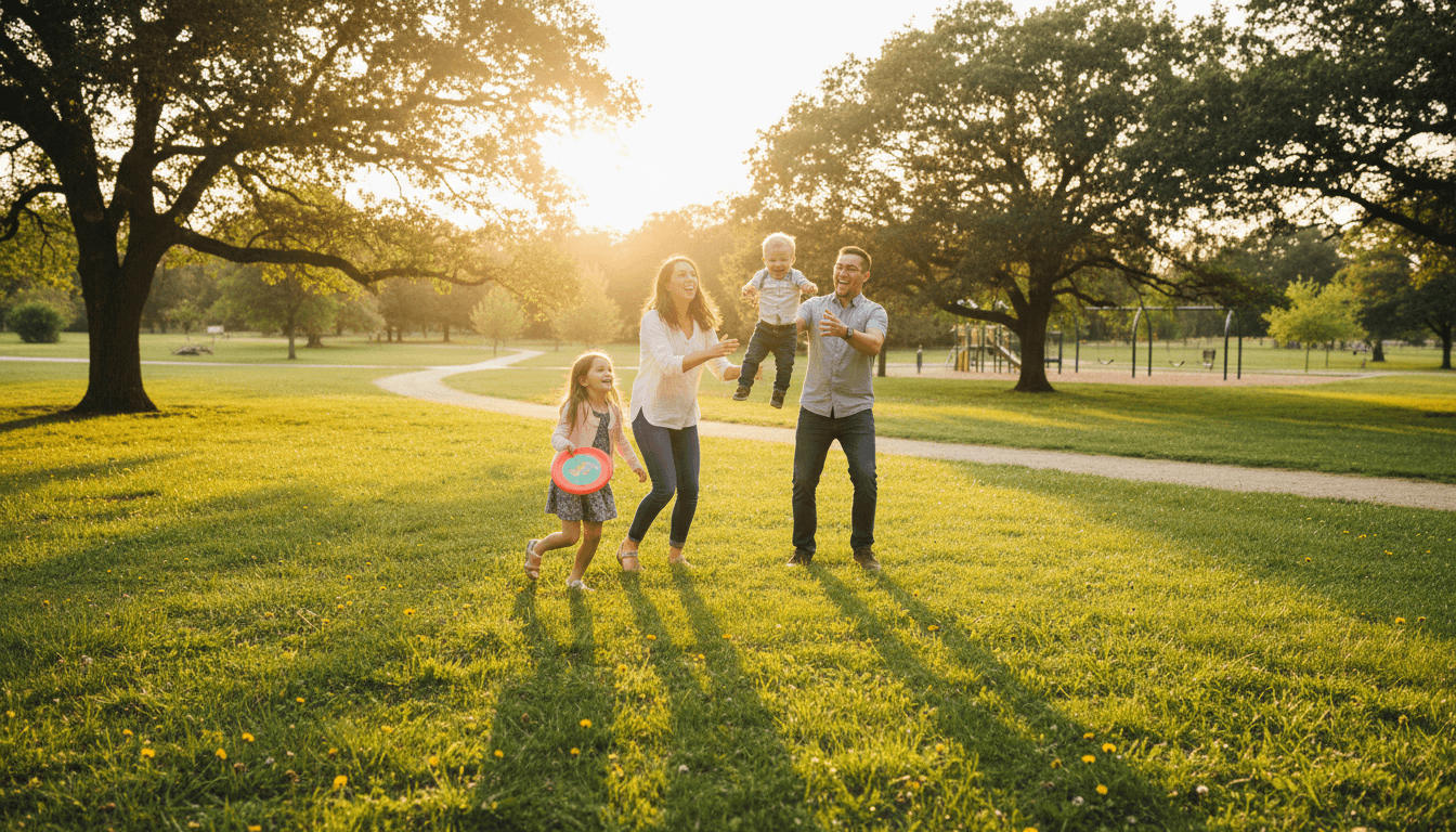 Family of four laughing together in sunny park setting