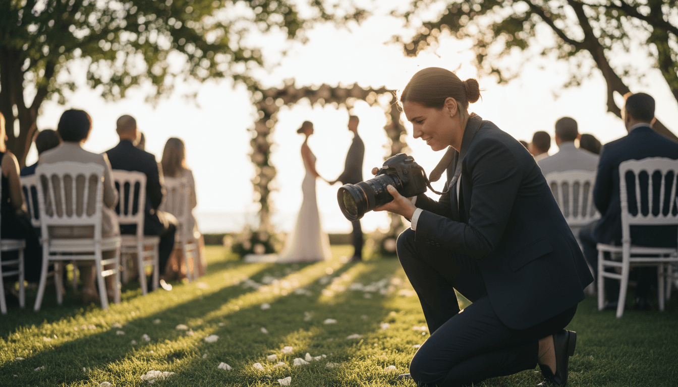 Wedding photographer with camera at outdoor ceremony