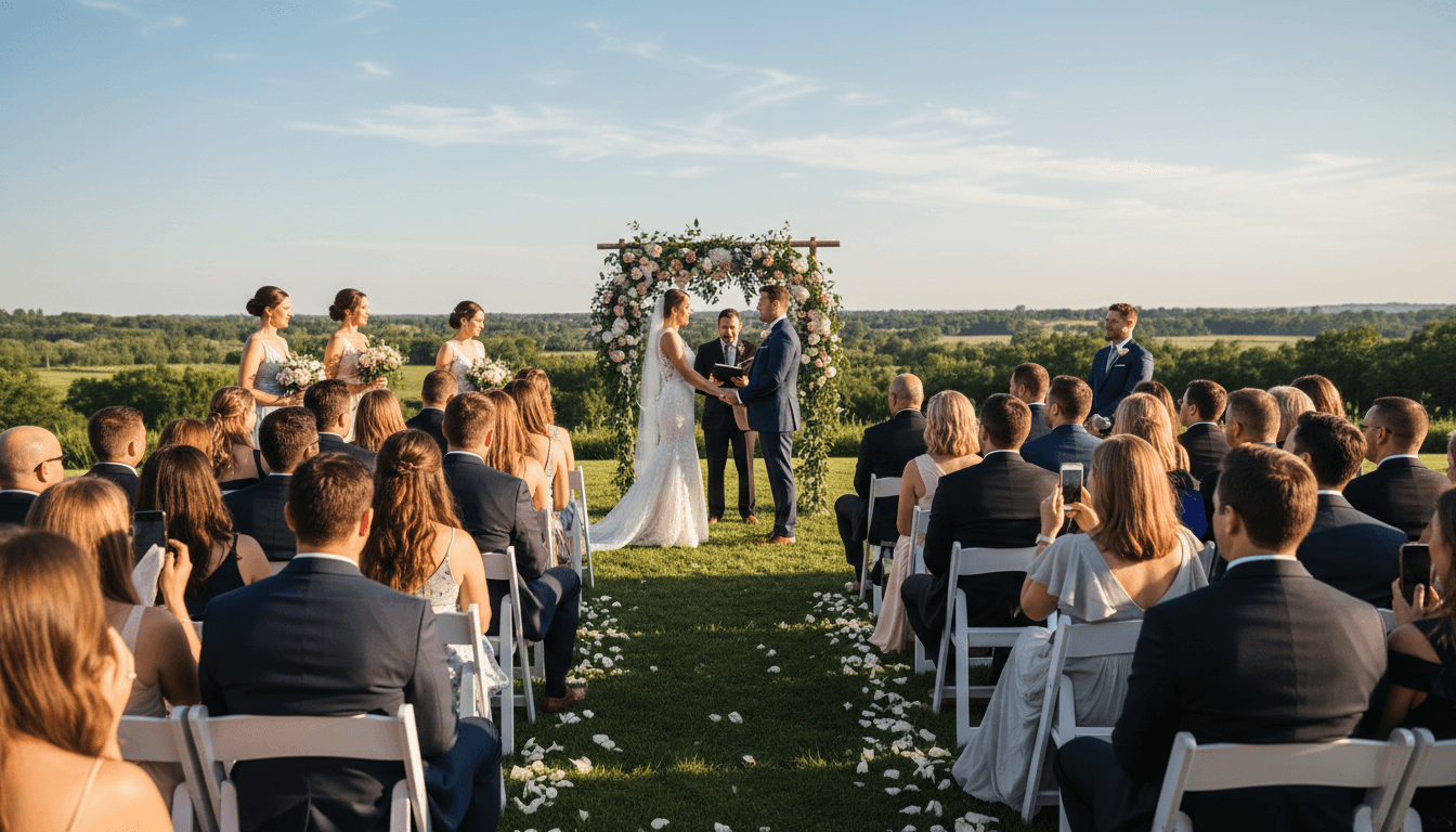 Wedding guests watching a couple exchange vows during the ceremony