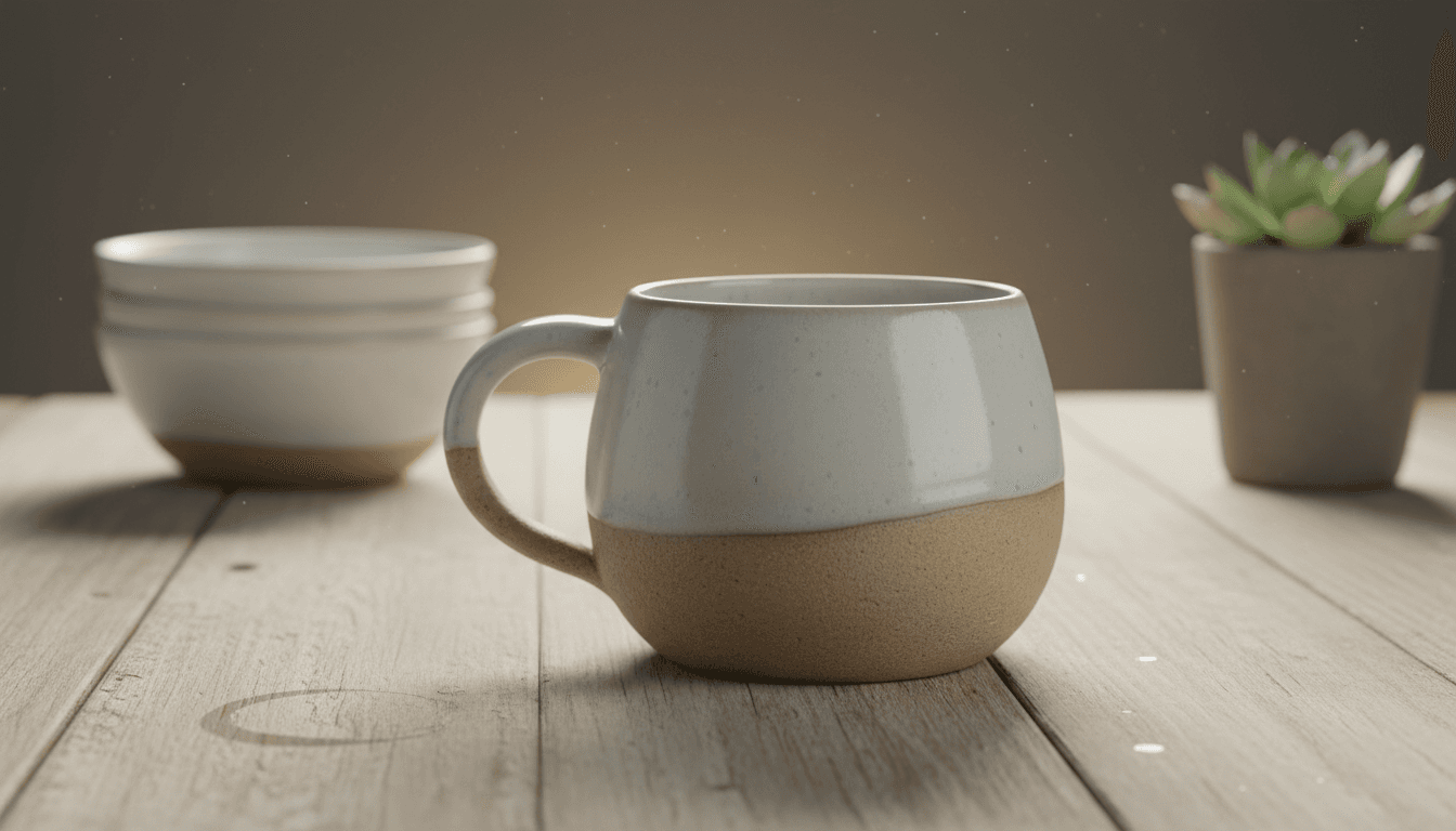 Ceramic coffee mug on wood surface with simple studio backdrop