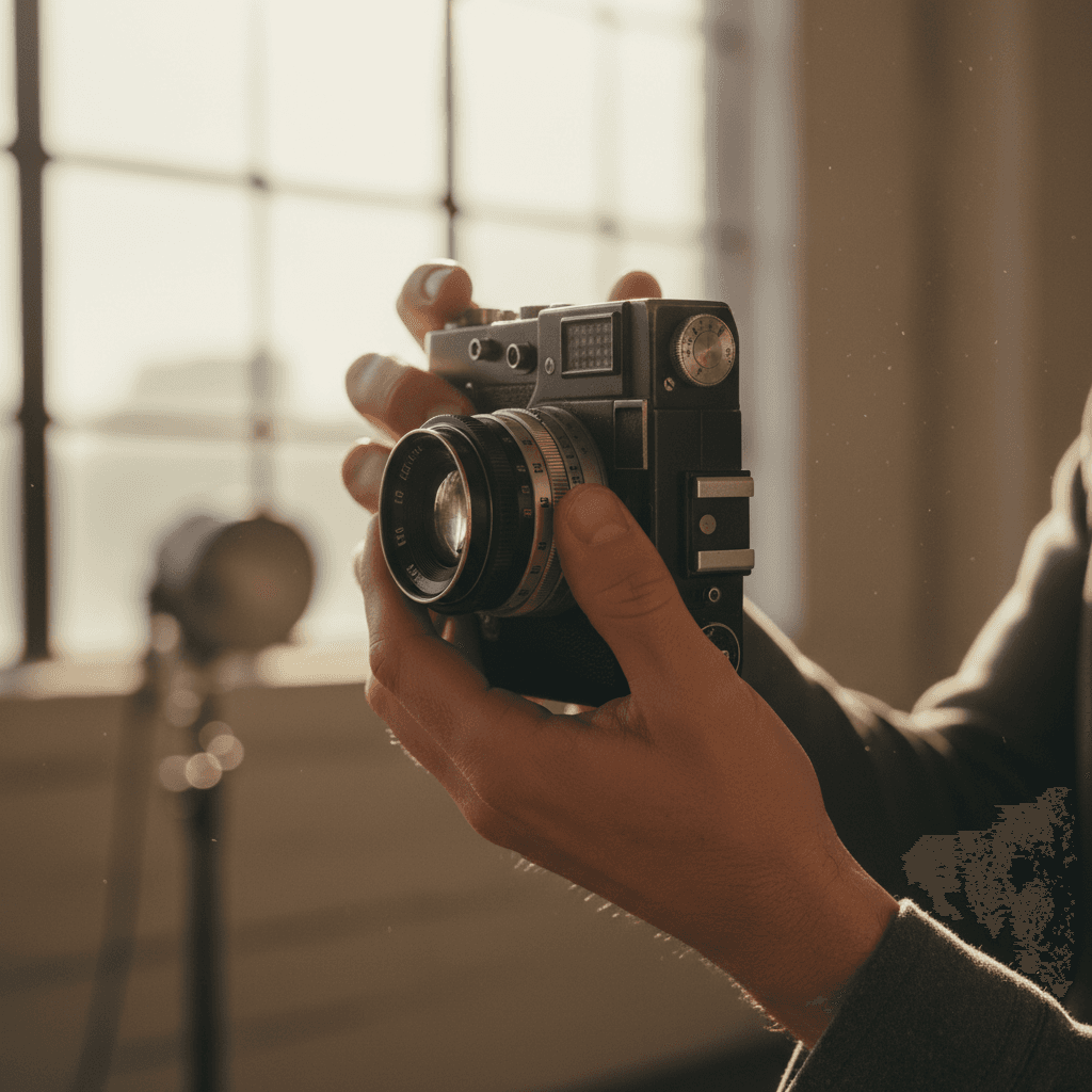Photographer's hands holding a camera in warm afternoon light
