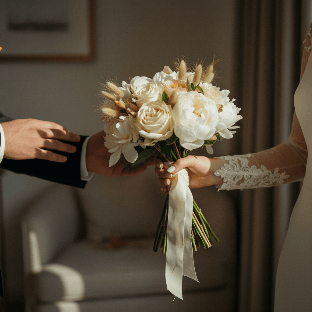 Bride hands holding bouquet in soft light